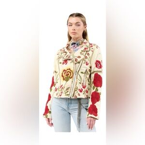 Aratta Carmen Embroidered Denim Motorcycle Jacket – Ivory (Size M)